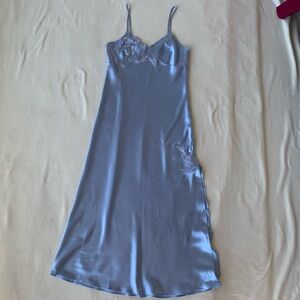 La Vie en Rose Periwinkle Blue Floral Embroidery Maxi Satin Slip Dress Size M
